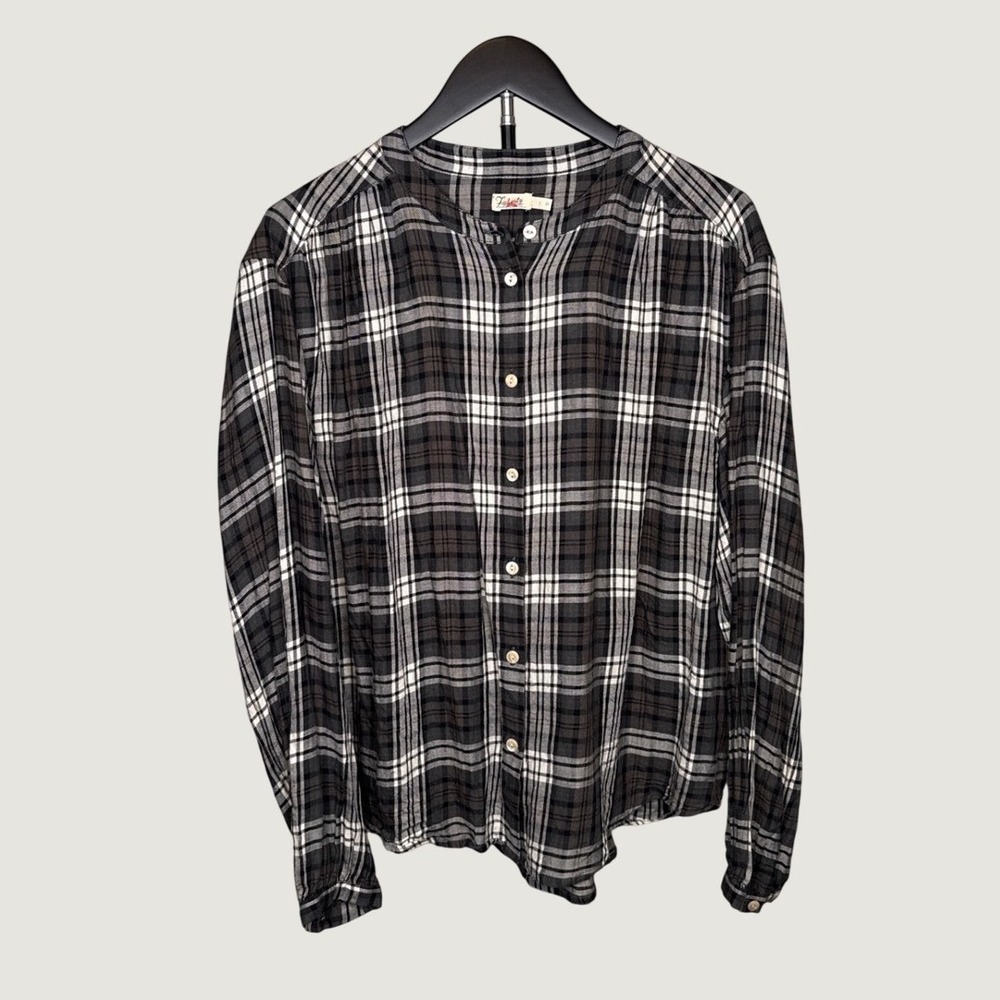 Faherty Womens Grey Black Plaid Band Collar Button Down Shirt Size Large